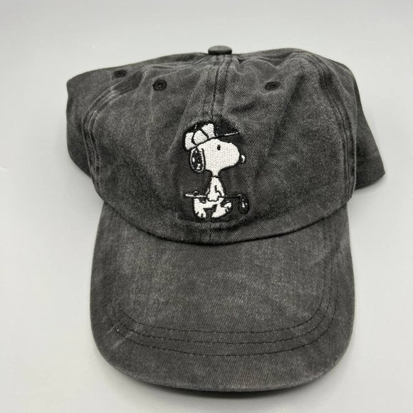Snoopy Hat Men Black Golf Peanuts Washed Strap Back Cap New - Picture 1 of 7